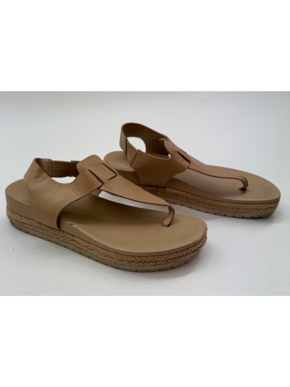 Vince Womens Tan Leather Thong Sandals With Jute Platform Sole US 7M/EU 37